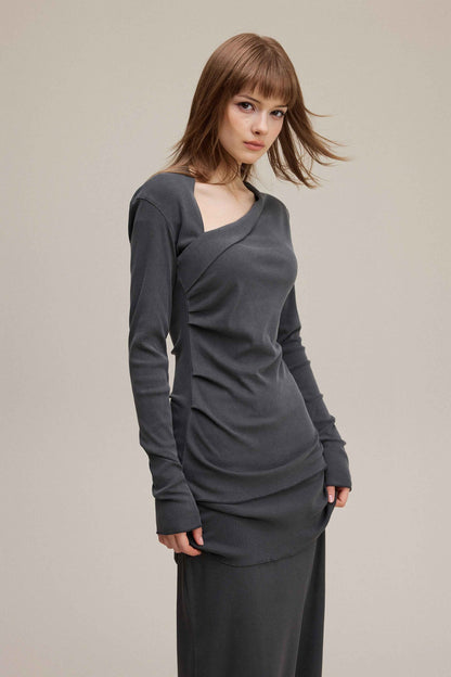 275GSM Women's Slim-Fit Asymmetrical Shoulder Pigment-Wash Long-Sleeve T-shirt