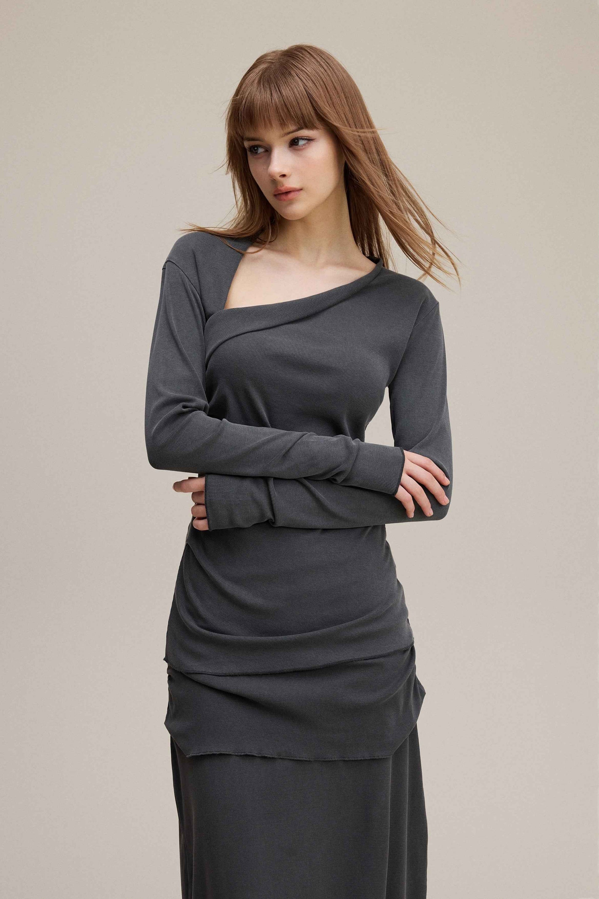 275GSM Women's Slim-Fit Asymmetrical Shoulder Pigment-Wash Long-Sleeve T-shirt