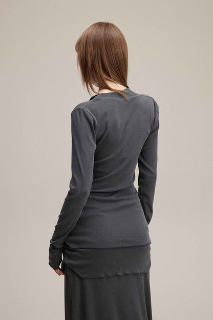275GSM Women's Slim-Fit Asymmetrical Shoulder Pigment-Wash Long-Sleeve T-shirt