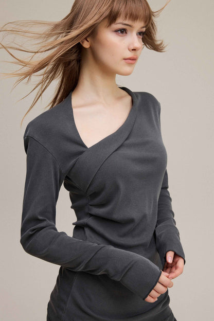275GSM Women's Slim-Fit Asymmetrical Shoulder Pigment-Wash Long-Sleeve T-shirt