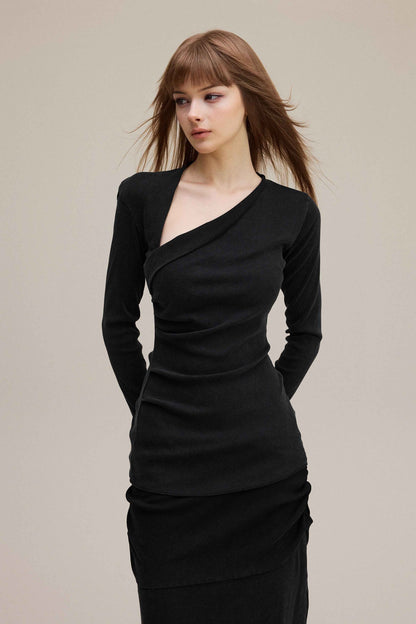 275GSM Women's Slim-Fit Asymmetrical Shoulder Pigment-Wash Long-Sleeve T-shirt