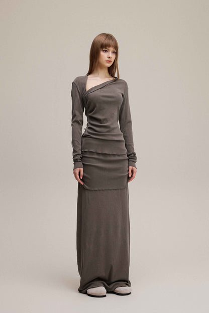 275GSM Women's Slim-Fit Asymmetrical Shoulder Pigment-Wash Long-Sleeve T-shirt