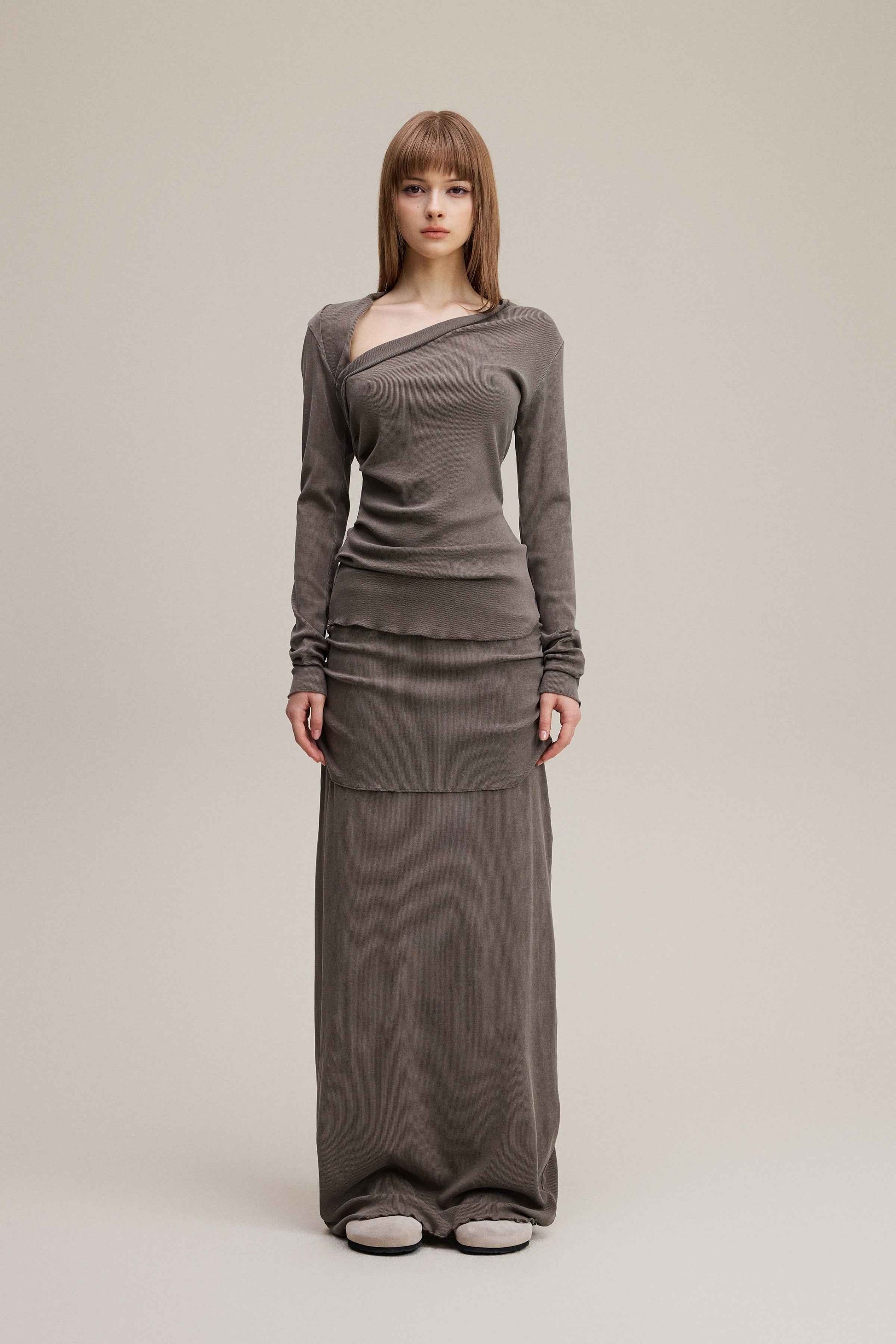 275GSM Women's Slim-Fit Asymmetrical Shoulder Pigment-Wash Long-Sleeve T-shirt