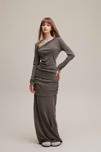 275GSM Women's Slim-Fit Asymmetrical Shoulder Pigment-Wash Long-Sleeve T-shirt