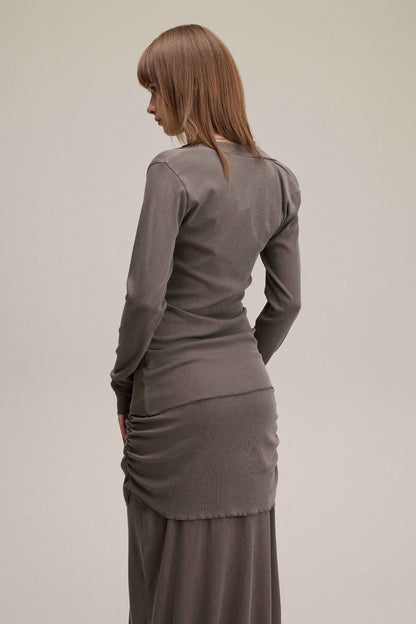 275GSM Women's Slim-Fit Asymmetrical Shoulder Pigment-Wash Long-Sleeve T-shirt