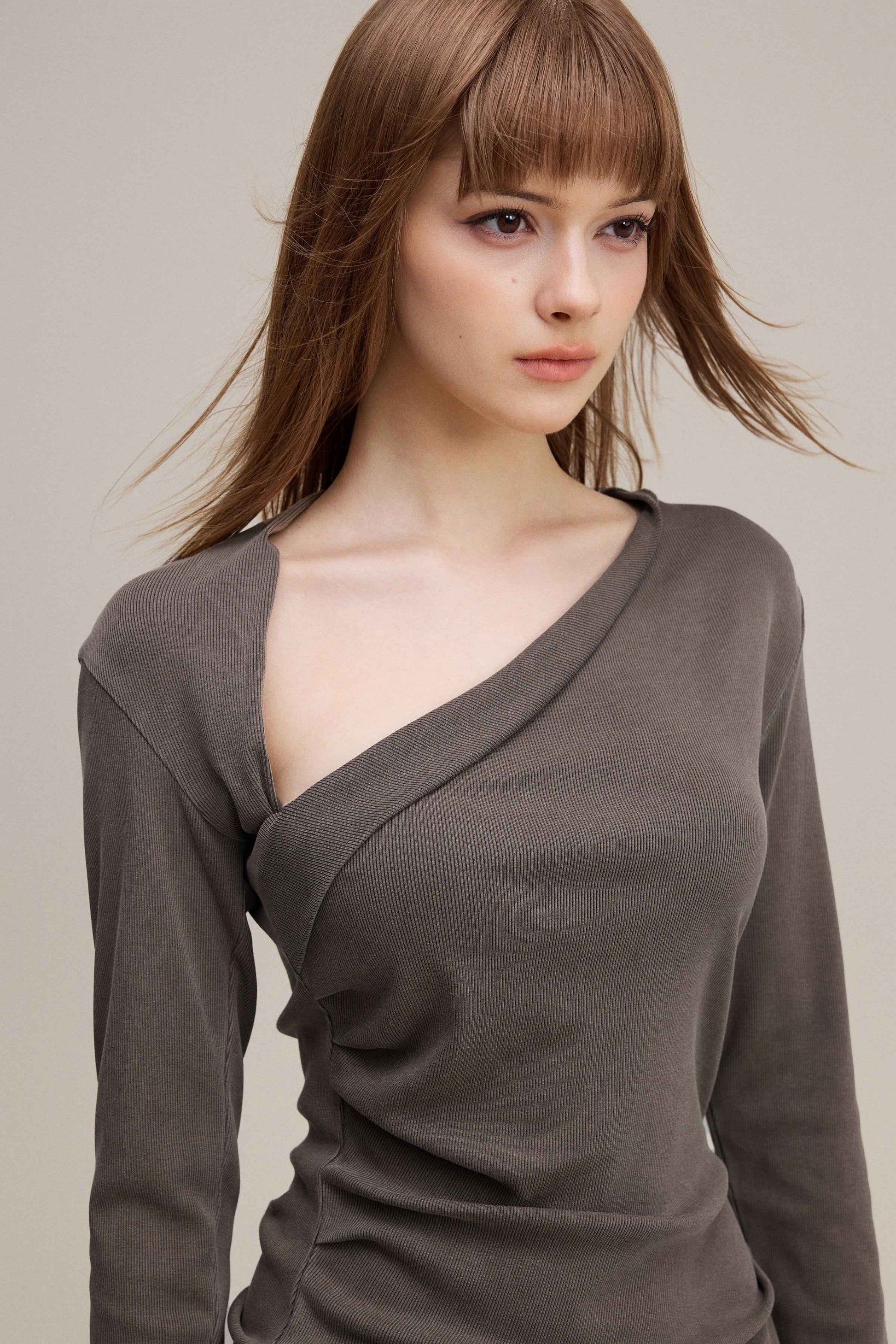 275GSM Women's Slim-Fit Asymmetrical Shoulder Pigment-Wash Long-Sleeve T-shirt