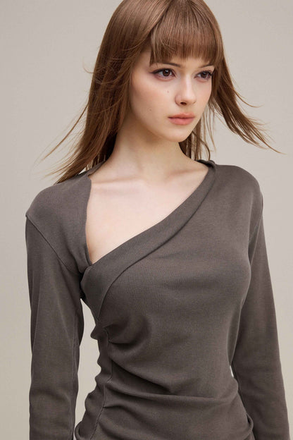 275GSM Women's Slim-Fit Asymmetrical Shoulder Pigment-Wash Long-Sleeve T-shirt