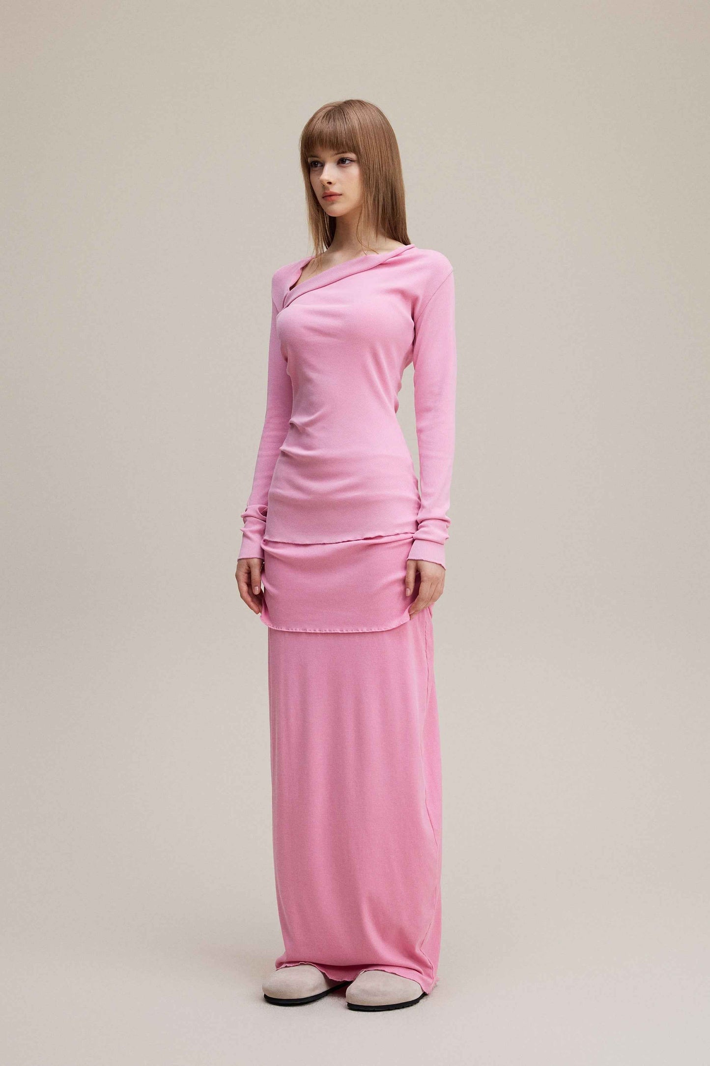 275GSM Women's Slim-Fit Asymmetrical Shoulder Pigment-Wash Long-Sleeve T-shirt
