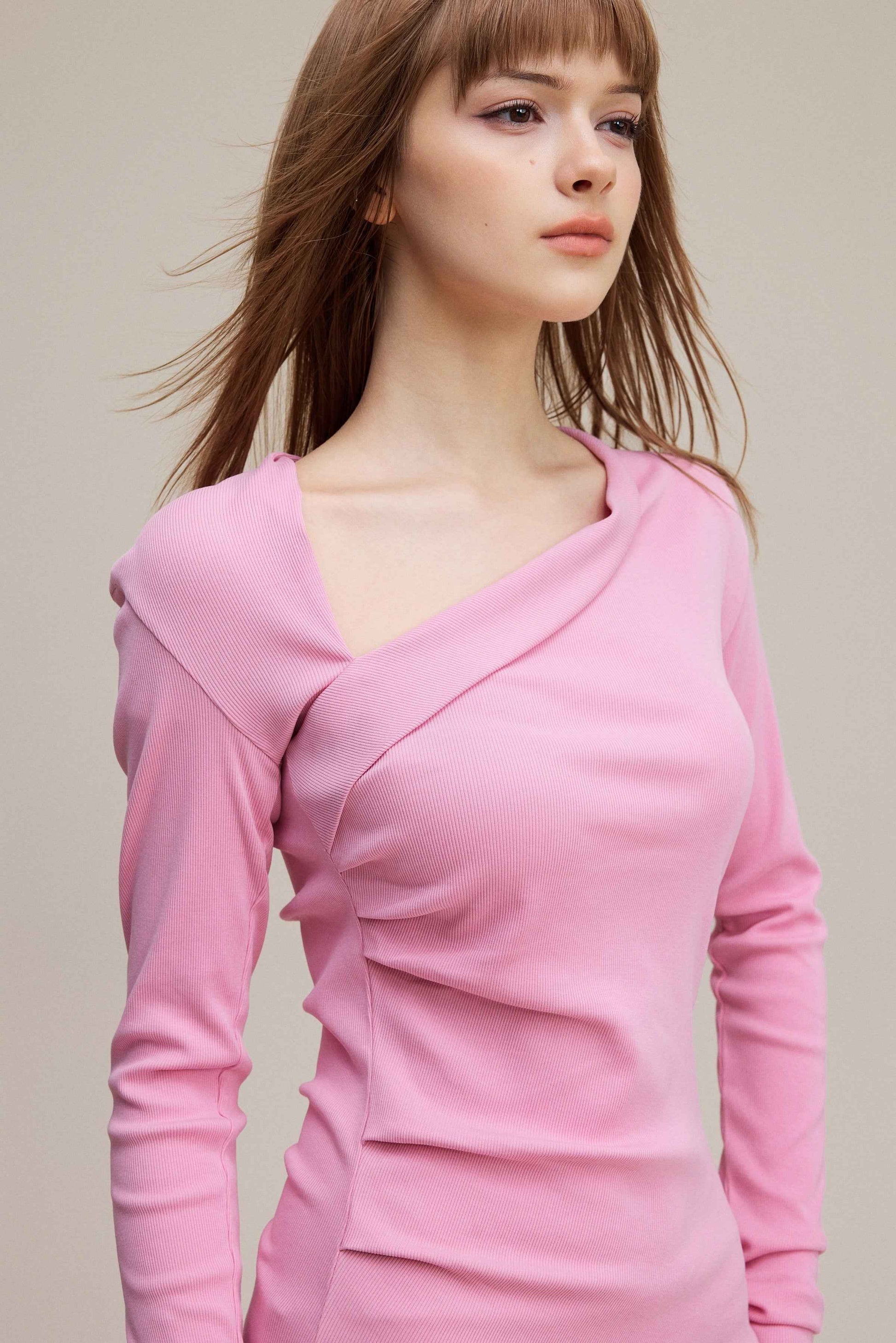275GSM Women's Slim-Fit Asymmetrical Shoulder Pigment-Wash Long-Sleeve T-shirt