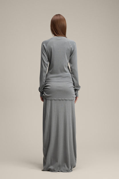 275GSM Women’s Slim-Fit Asymmetrical Shoulder Pigment-Wash Long-Sleeve Medium gray