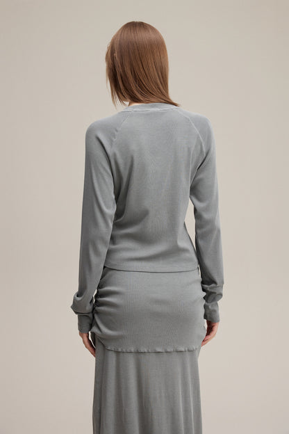 275GSM Women’s Slim-Fit Asymmetrical Shoulder Pigment-Wash Long-Sleeve Medium gray