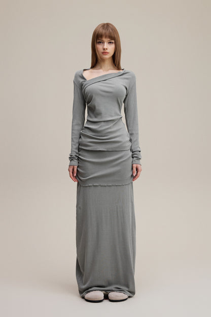 275GSM Women’s Slim-Fit Asymmetrical Shoulder Pigment-Wash Long-Sleeve Medium gray