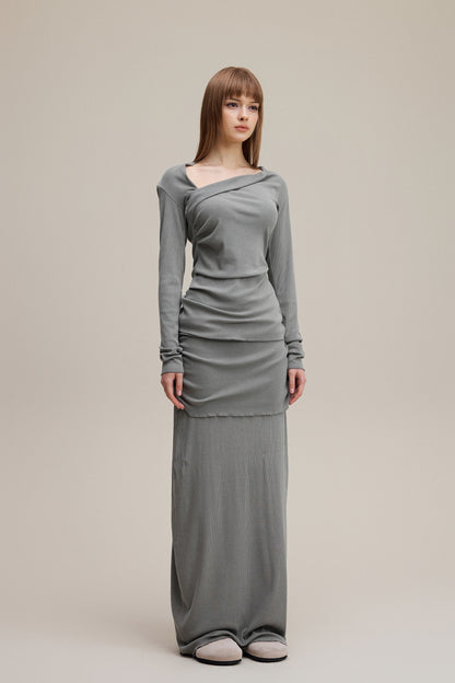 275GSM Women’s Slim-Fit Asymmetrical Shoulder Pigment-Wash Long-Sleeve Medium gray