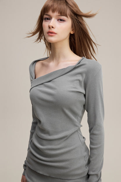 275GSM Women’s Slim-Fit Asymmetrical Shoulder Pigment-Wash Long-Sleeve Medium gray