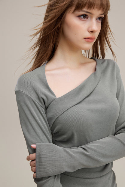 275GSM Women’s Slim-Fit Asymmetrical Shoulder Pigment-Wash Long-Sleeve Medium gray