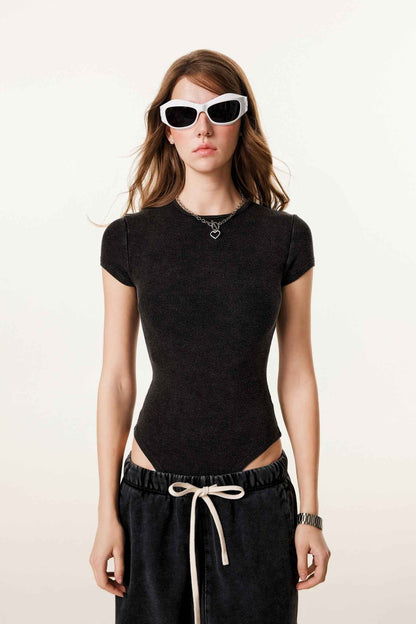 275GSM Plain Women's MUNSIEUR One-Piece Fried-Color Snow-Wash Basic T-shirt Onsie