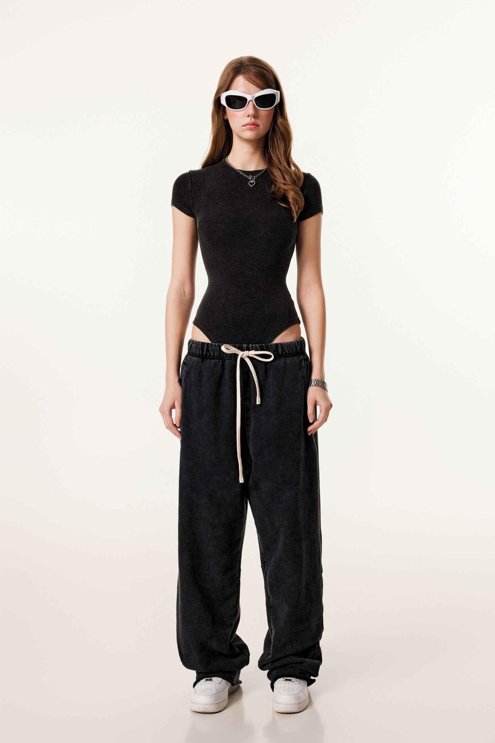 275GSM Plain Women's MUNSIEUR One-Piece Fried-Color Snow-Wash Basic T-shirt Onsie