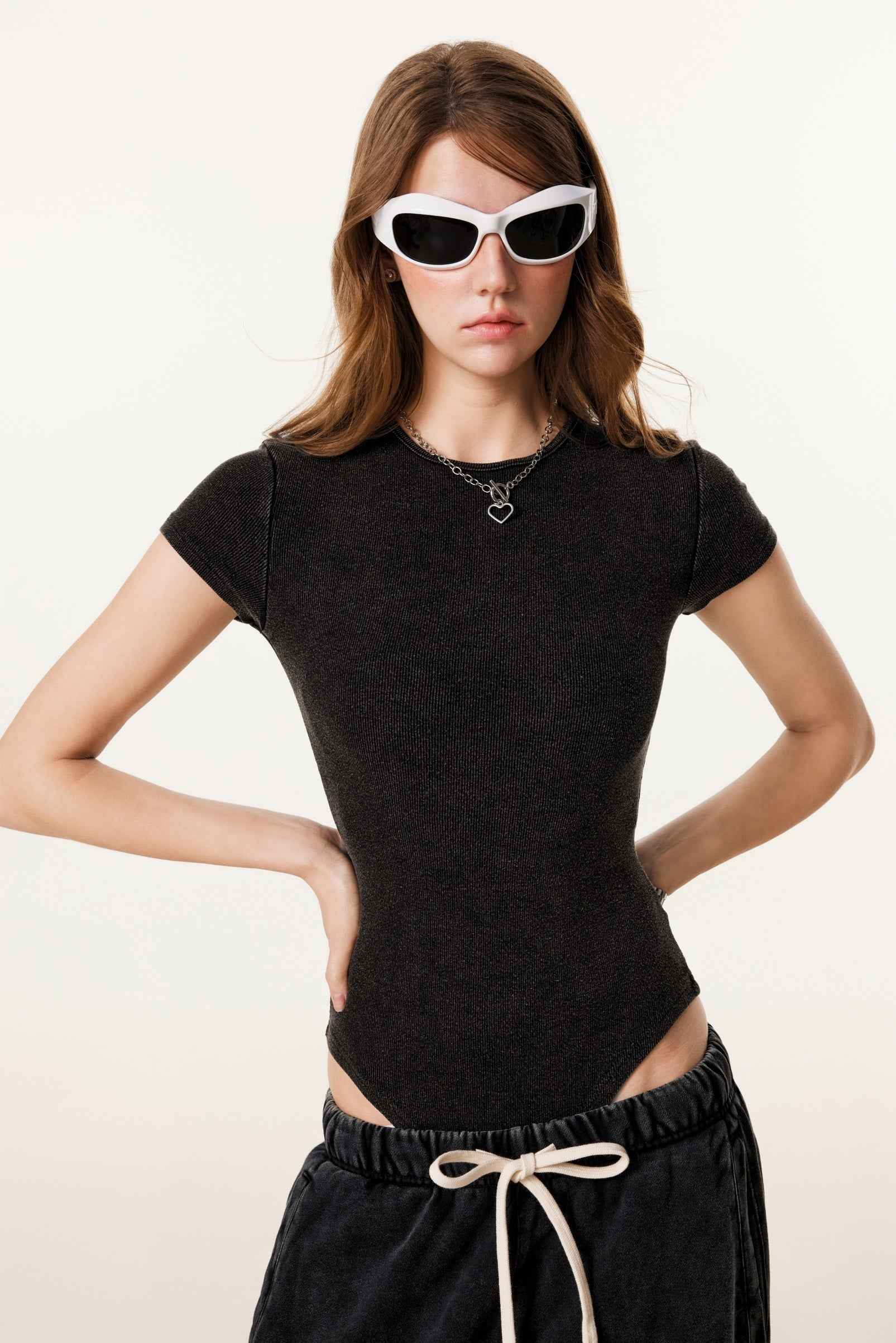 275GSM Plain Women's MUNSIEUR One-Piece Fried-Color Snow-Wash Basic T-shirt Onsie