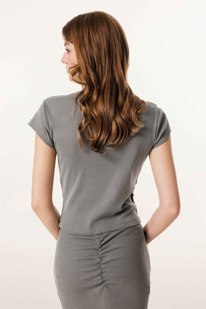 275GSM Women's V-Neck Ski-Inspired Distressed-Wash T-shirt
