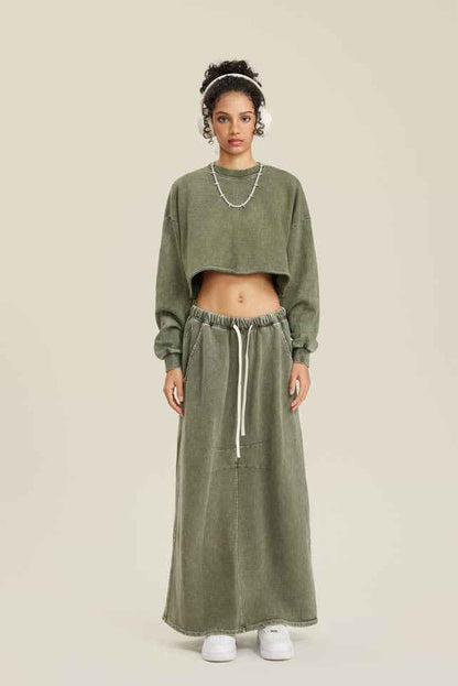 380GSM Women's Heavyweight Distressed Snow-Wash Raw-Hem Cropped Long sleeve Sweatshirt
