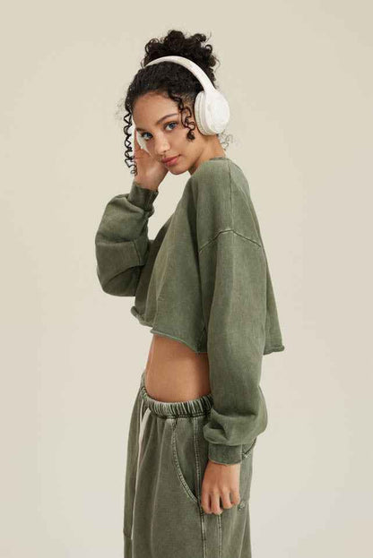 380GSM Women's Heavyweight Distressed Snow-Wash Raw-Hem Cropped Long sleeve Sweatshirt