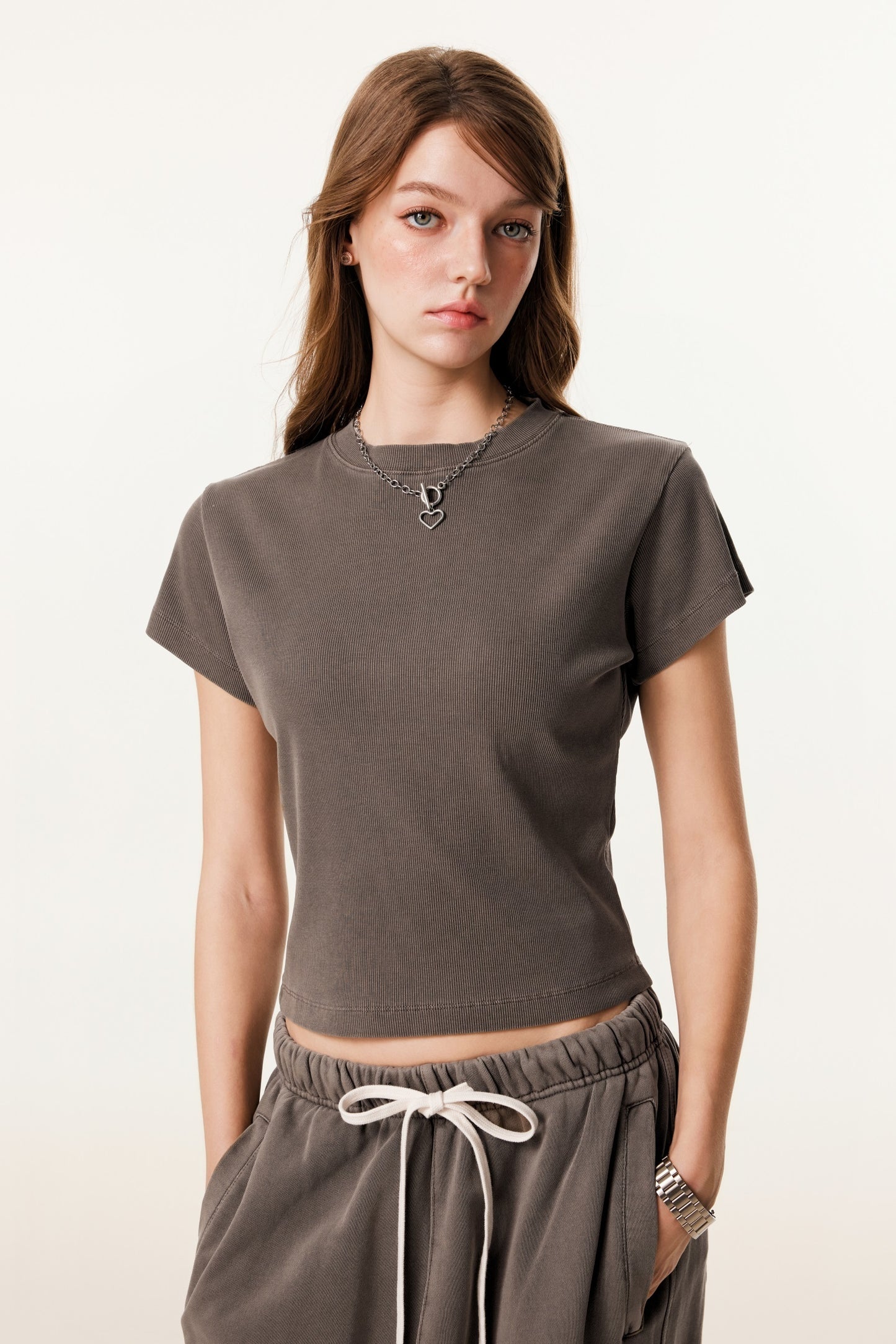 275GSM Women’s Figure-Flattering Straight Shoulder T-shirt Coffee 
