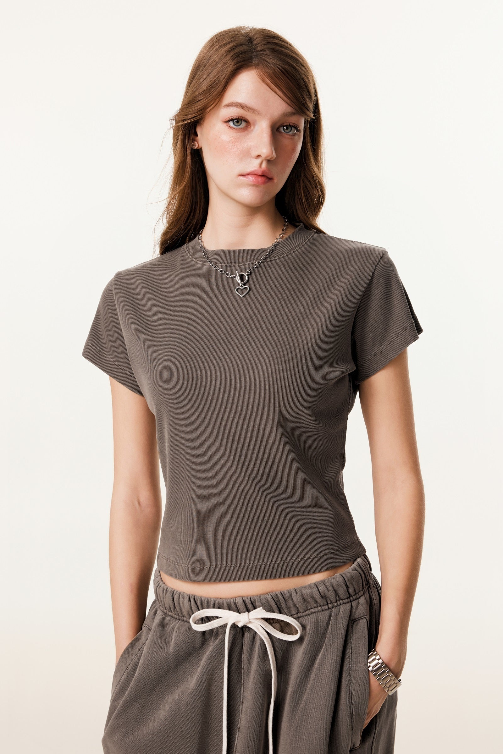 275GSM Women’s Figure-Flattering Straight Shoulder T-shirt Coffee 