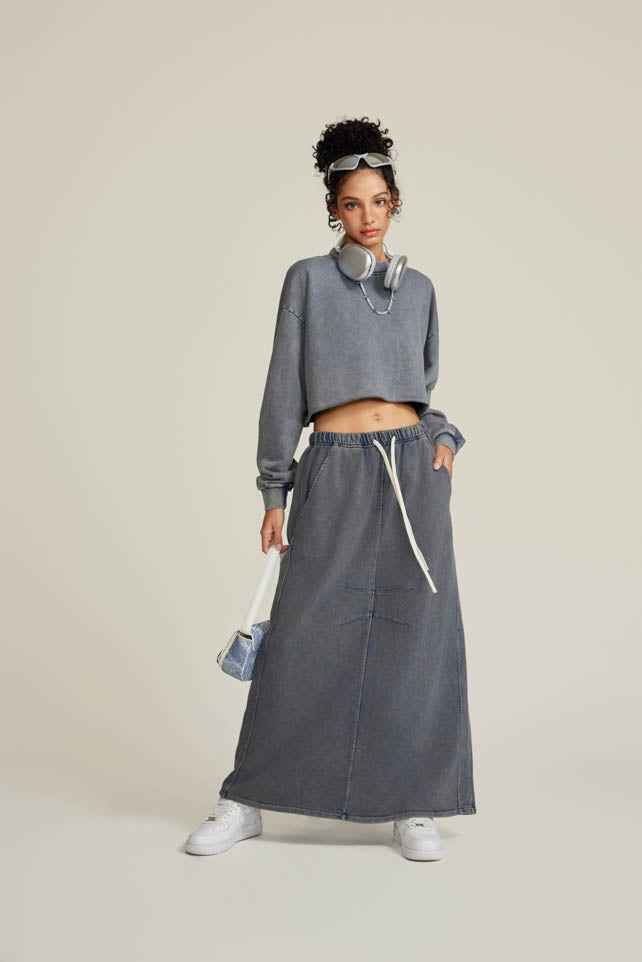 380GSM Women's Heavyweight Distressed Snow-Wash Raw-Hem Cropped Long sleeve Sweatshirt