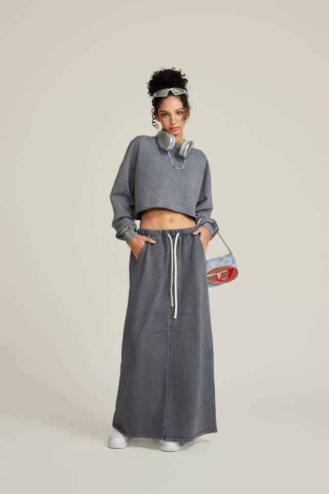 380GSM Women's Heavyweight Distressed Snow-Wash Raw-Hem Cropped Long sleeve Sweatshirt