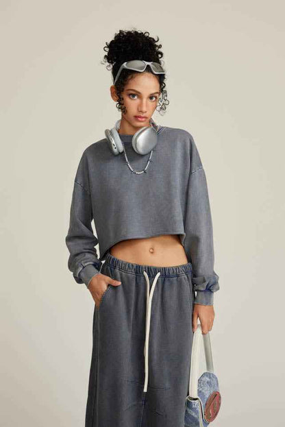 380GSM Women's Heavyweight Distressed Snow-Wash Raw-Hem Cropped Long sleeve Sweatshirt