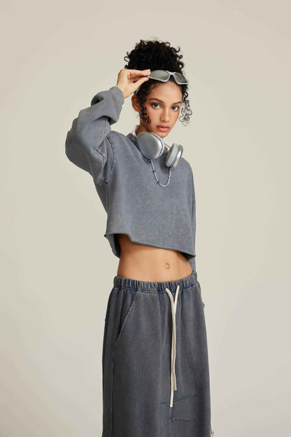 380GSM Women's Heavyweight Distressed Snow-Wash Raw-Hem Cropped Long sleeve Sweatshirt