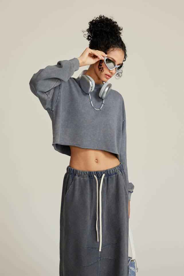 380GSM Women's Heavyweight Distressed Snow-Wash Raw-Hem Cropped Long sleeve Sweatshirt