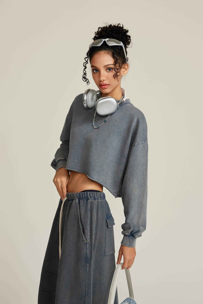 380GSM Women's Heavyweight Distressed Snow-Wash Raw-Hem Cropped Long sleeve Sweatshirt