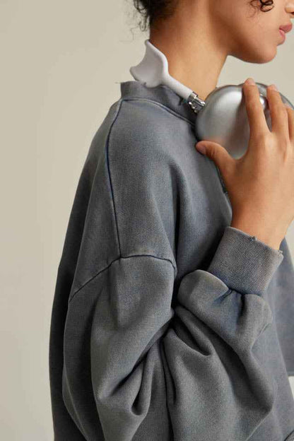 380GSM Women's Heavyweight Distressed Snow-Wash Raw-Hem Cropped Long sleeve Sweatshirt