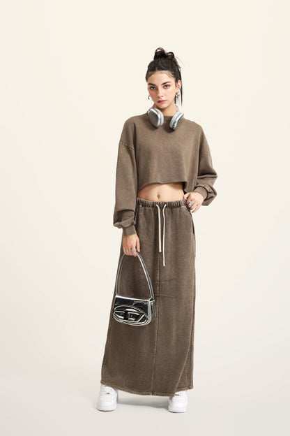 380GSM Women’s Heavyweight Distressed Snow-Wash Raw-Hem Cropped Long sleeve Coffee 