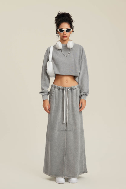 380GSM Women’s Heavyweight Distressed Snow-Wash Raw-Hem Cropped Long sleeve Medium gray