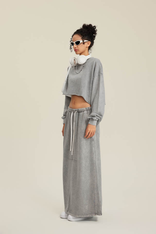 380GSM Women’s Heavyweight Distressed Snow-Wash Raw-Hem Cropped Long sleeve Medium gray