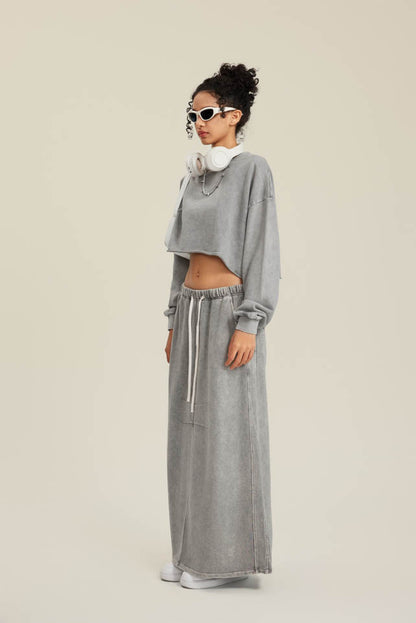 380GSM Women’s Heavyweight Distressed Snow-Wash Raw-Hem Cropped Long sleeve Medium gray