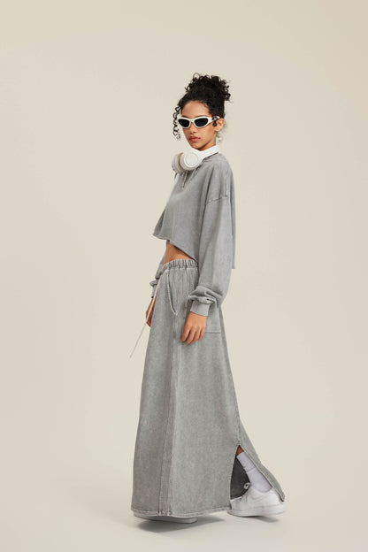 380GSM Women’s Heavyweight Distressed Snow-Wash Raw-Hem Cropped Long sleeve Medium gray