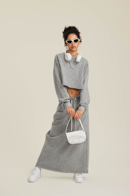 380GSM Women’s Heavyweight Distressed Snow-Wash Raw-Hem Cropped Long sleeve Medium gray