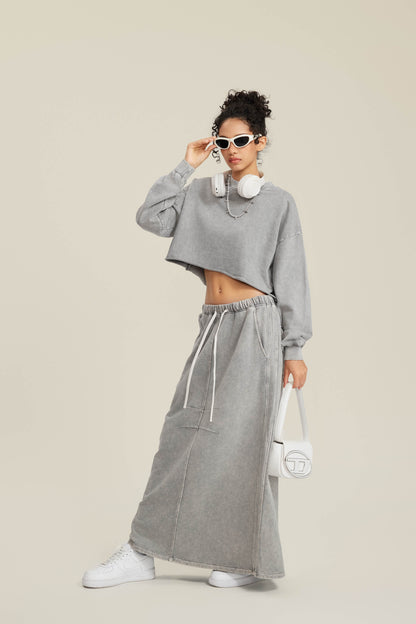 380GSM Women’s Heavyweight Distressed Snow-Wash Raw-Hem Cropped Long sleeve Medium gray