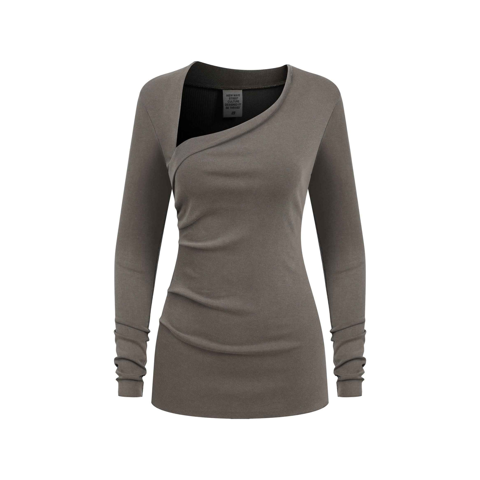 275GSM Women's Slim-Fit Asymmetrical Shoulder Pigment-Wash Long-Sleeve T-shirt