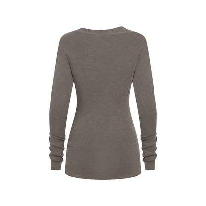 275GSM Women's Slim-Fit Asymmetrical Shoulder Pigment-Wash Long-Sleeve T-shirt