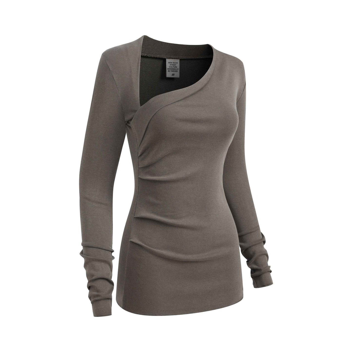 275GSM Women's Slim-Fit Asymmetrical Shoulder Pigment-Wash Long-Sleeve T-shirt