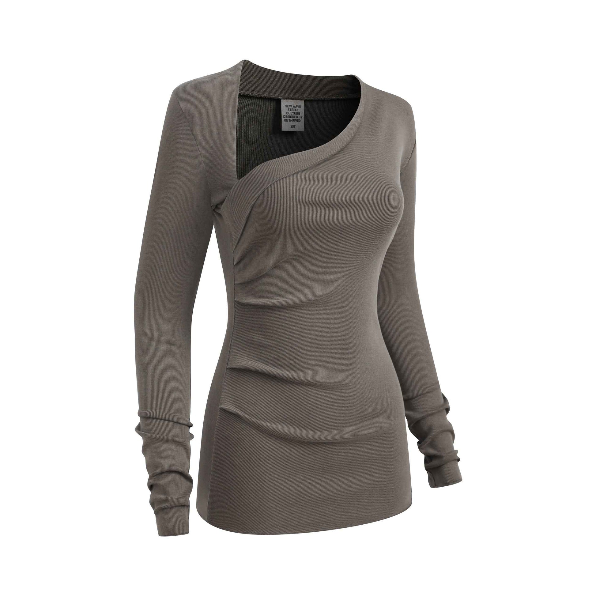 275GSM Women's Slim-Fit Asymmetrical Shoulder Pigment-Wash Long-Sleeve T-shirt
