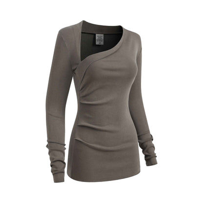 275GSM Women's Slim-Fit Asymmetrical Shoulder Pigment-Wash Long-Sleeve T-shirt
