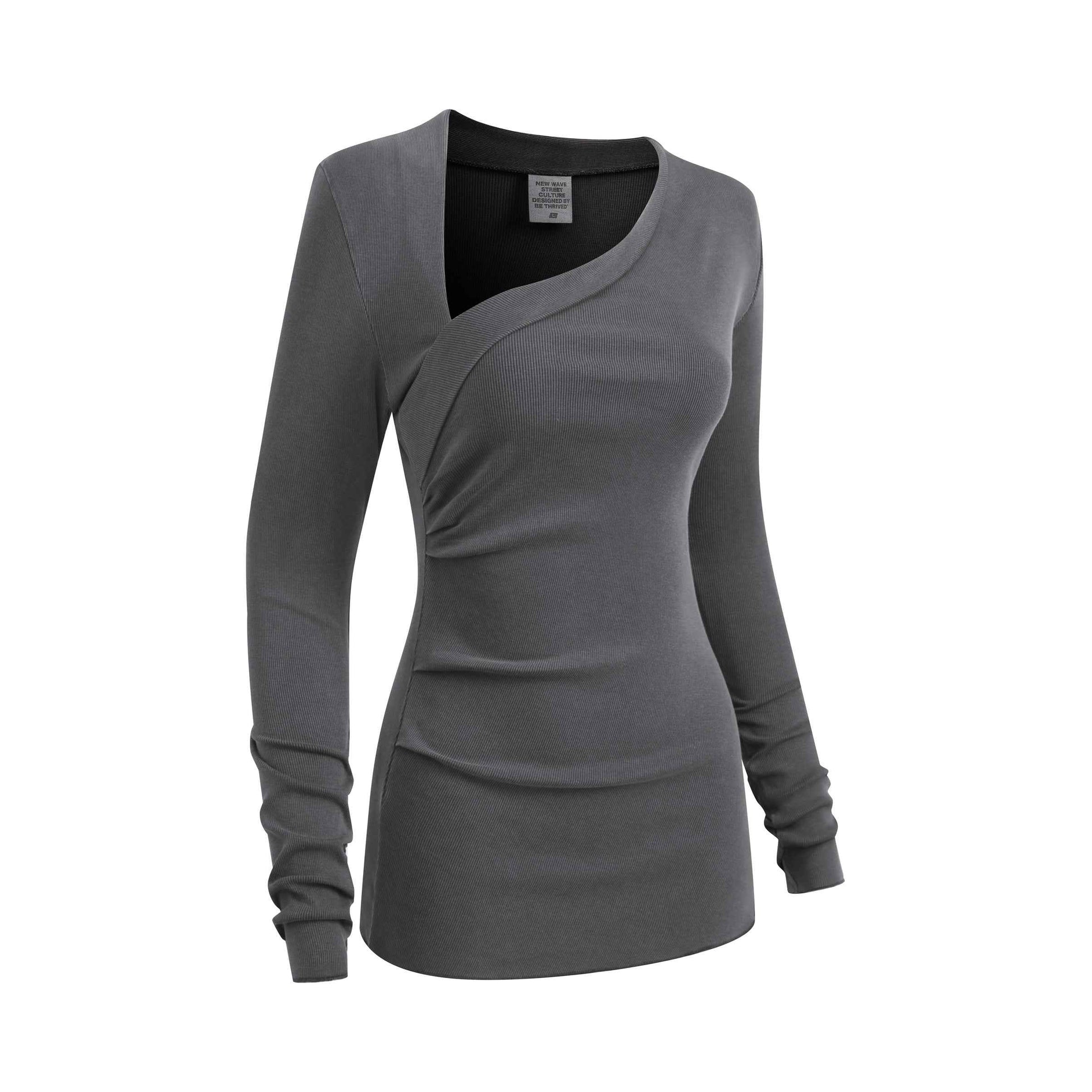 275GSM Women's Slim-Fit Asymmetrical Shoulder Pigment-Wash Long-Sleeve T-shirt