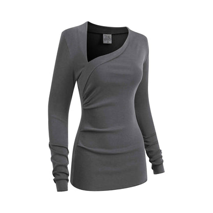 275GSM Women's Slim-Fit Asymmetrical Shoulder Pigment-Wash Long-Sleeve T-shirt