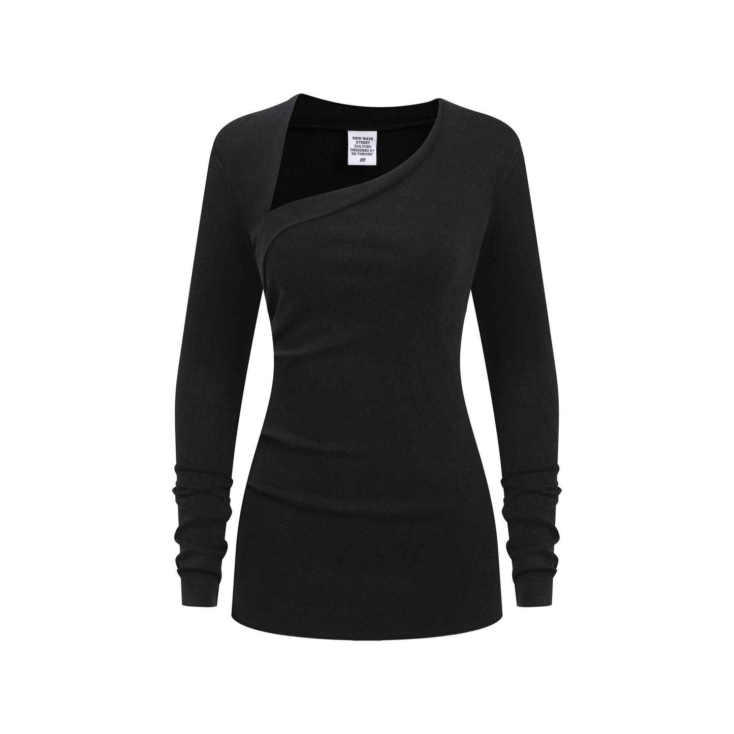 275GSM Women's Slim-Fit Asymmetrical Shoulder Pigment-Wash Long-Sleeve T-shirt