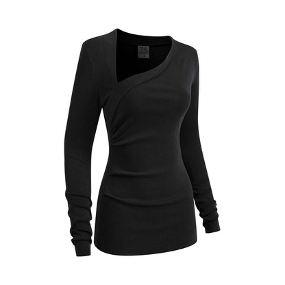 275GSM Women's Slim-Fit Asymmetrical Shoulder Pigment-Wash Long-Sleeve T-shirt